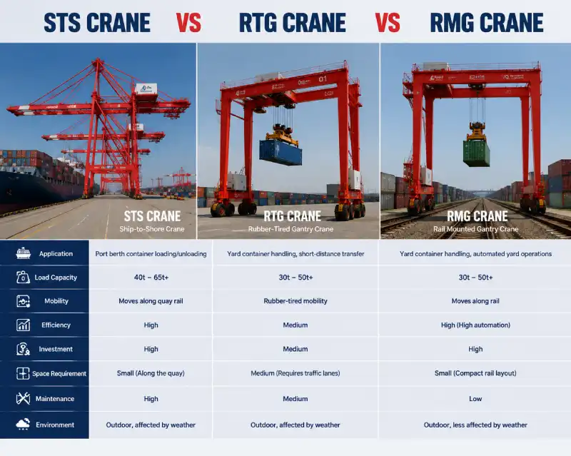grúa STS vs grúa RTG vs grúa RMG