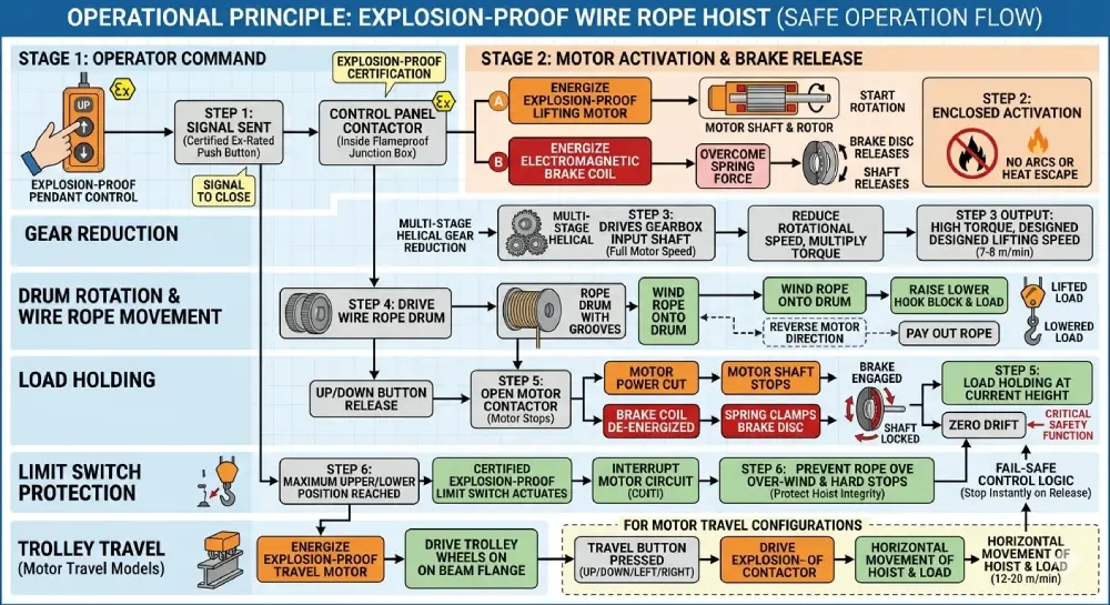 Working Principle of the Explosion-Proof Wire Rope Hoist